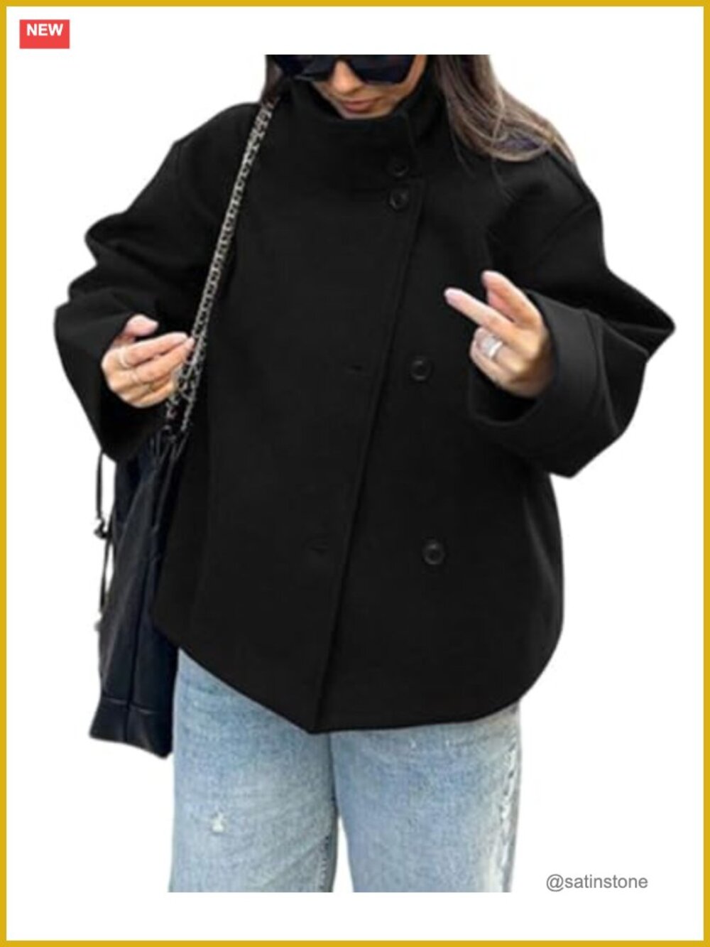 Women Wool Blend Crop Pea Coat Loose Short Jacket Outwear